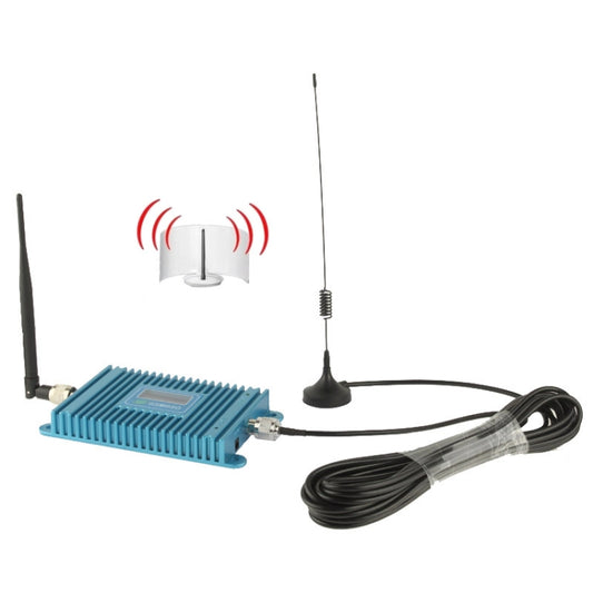Cell phone signal repeater booster kit with blue main unit, antenna, and cable