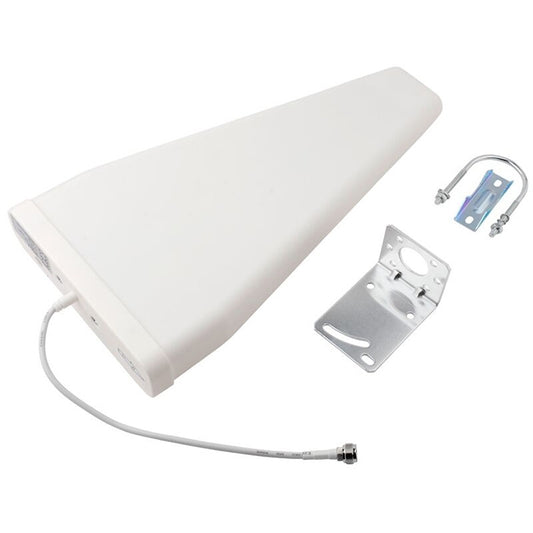 White outdoor log-periodic dipole antenna with mounting bracket and N-female coax lead
