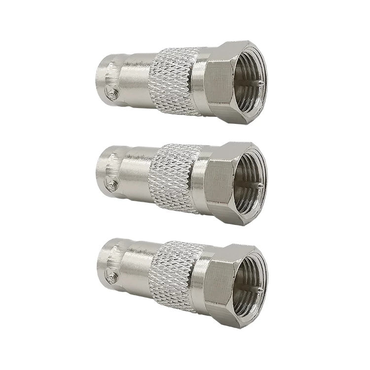 BNC jack to F plug coaxial adapter, silver metal, textured grip with female threaded end