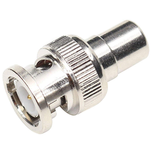 BNC male to RCA female coaxial adapter, knurled metal body with RCA socket