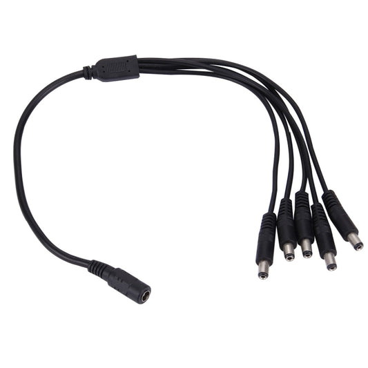 DC power splitter cable, 5.5x2.1mm female to five male barrel plugs, black