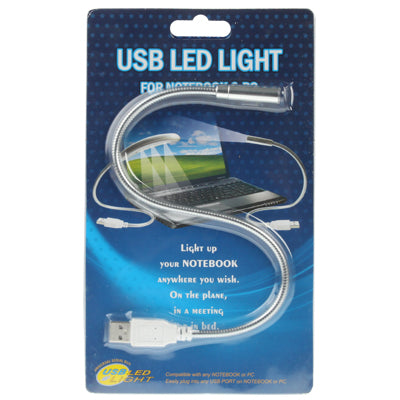 USB LED light retail package showing flexible cable with metal LED tip.