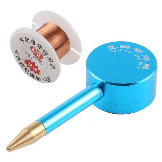 Copper fly wire spool with blue welding pen tool for motherboard repair