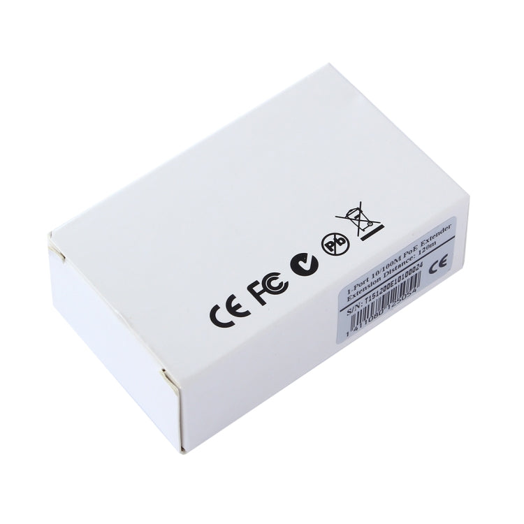 PoE IP camera extender, white rear label with compliance logos and barcode
