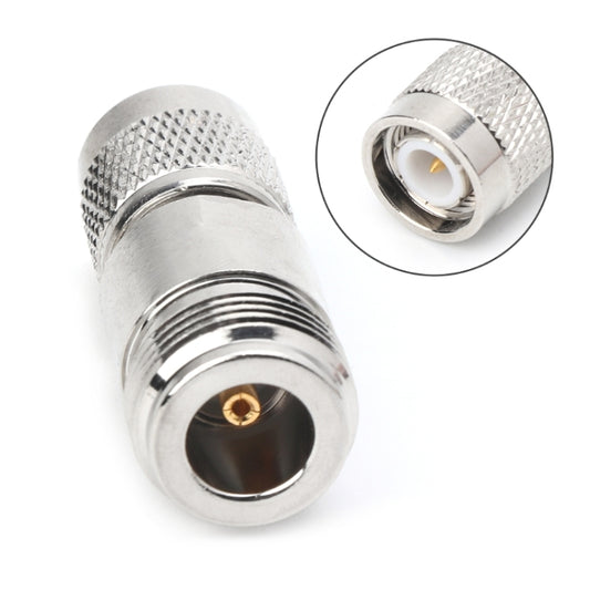 TNC male to N-female coaxial adapter, silver metal with knurled grip and threads