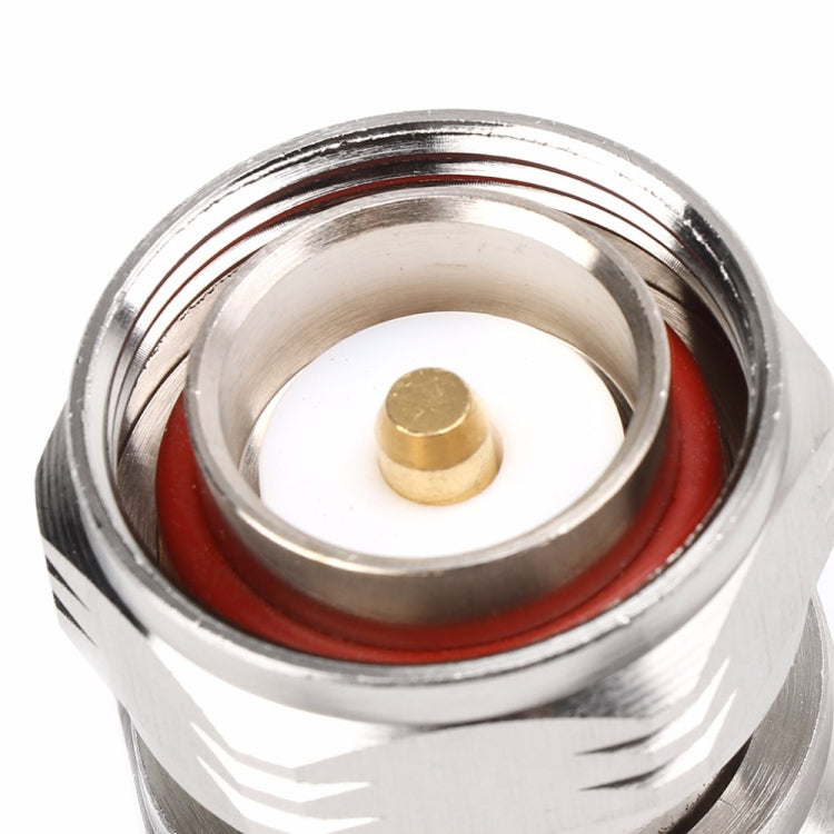 7/16 DIN male RF coax adapter port with gold center pin, red insulator ring, silver body