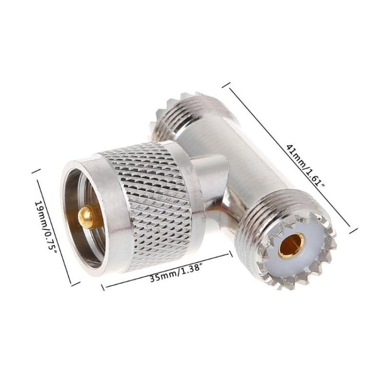 UHF RF T-adapter with size diagram labels, silver metal connectors and UHF ports