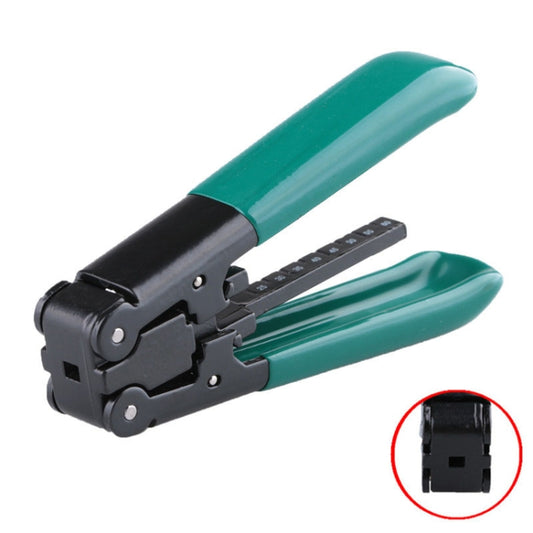 Teal and black fiber optic cable stripping tool with blade head detail