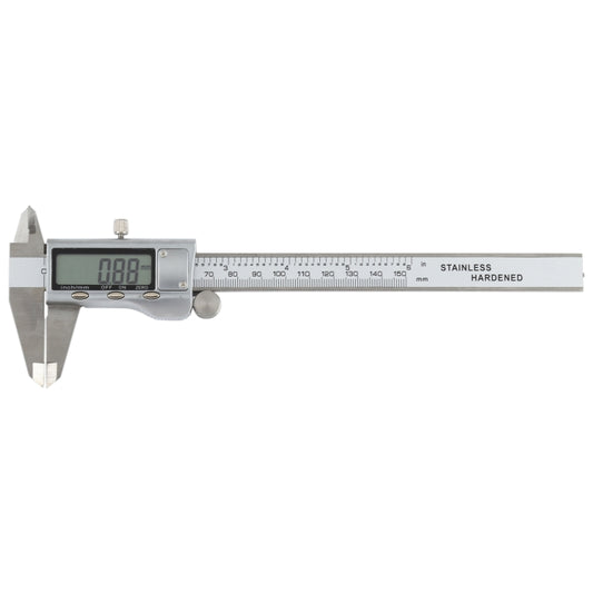 0–150mm digital caliper with LCD display and stainless hardened ruler body, silver
