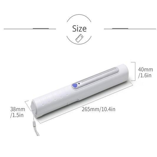 White UV-C lamp stick with blue indicator light and printed size measurements