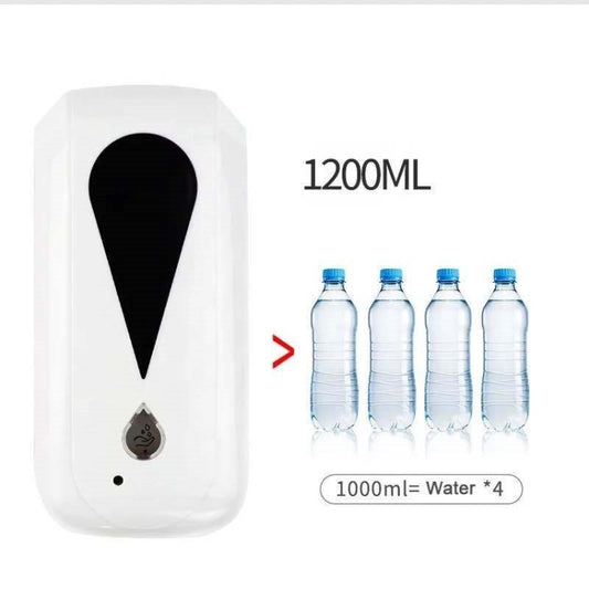 Wall-mounted touchless sanitizer dispenser with black sensor window, shown beside bottles