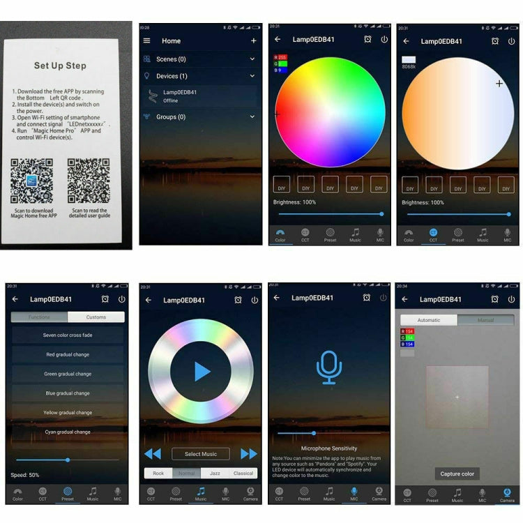 WiFi RGB LED strip light app control screens on a smartphone