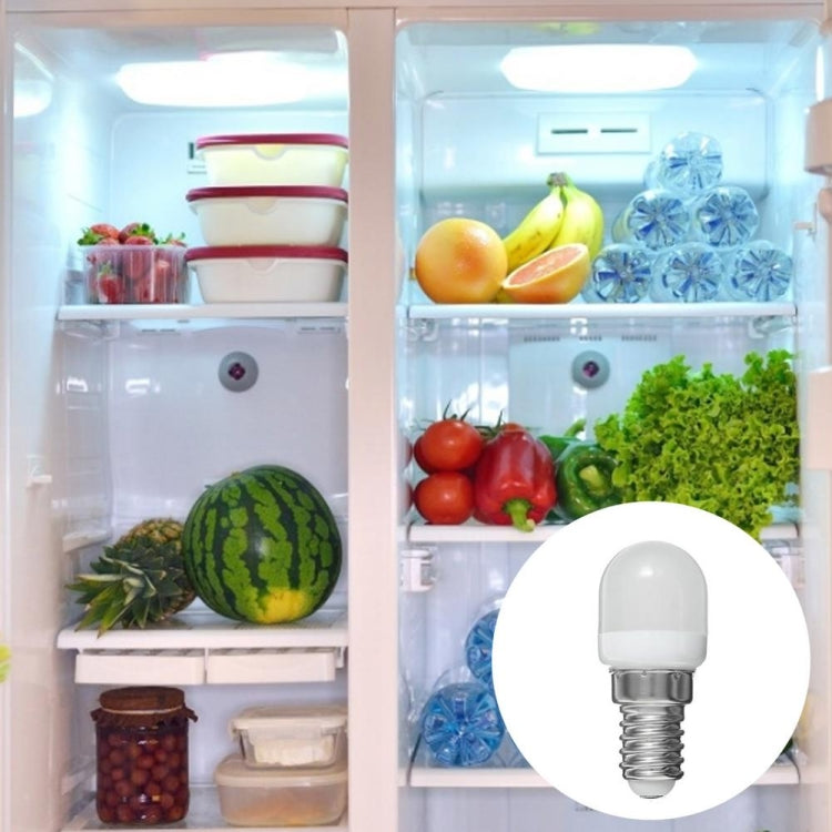 E14 mini LED bulb with clear cover and threaded screw base, shown in circle