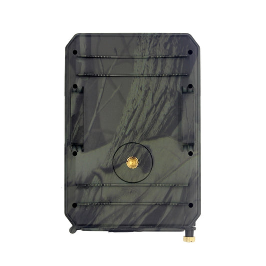 Camouflage trail hunting camera with front lens and dark sensor grille