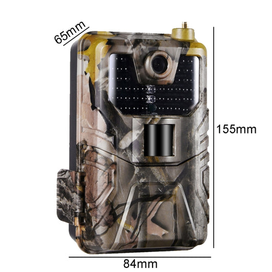 Camouflage trail camera front view with lens, IR flash window, and body profile