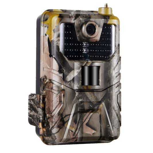 Camouflage trail camera with front lens and sensor window, IR flash module