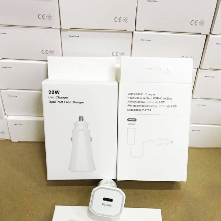 Boxed USB-C PD car charger set with small charger unit, packaging and labels visible