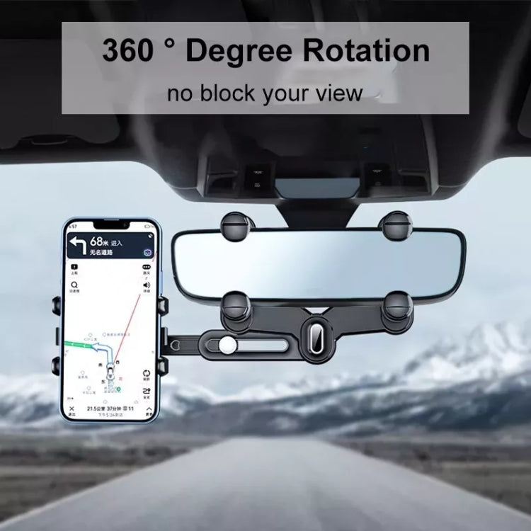 360 rotation rearview mirror phone holder with phone mounted in cradle, dark gray