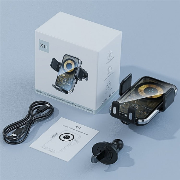 Wireless car vent hook charger kit with mount, cable, and instruction card