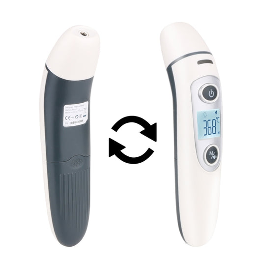 IR thermometer device, white and dark gray body, LCD display shows temperature