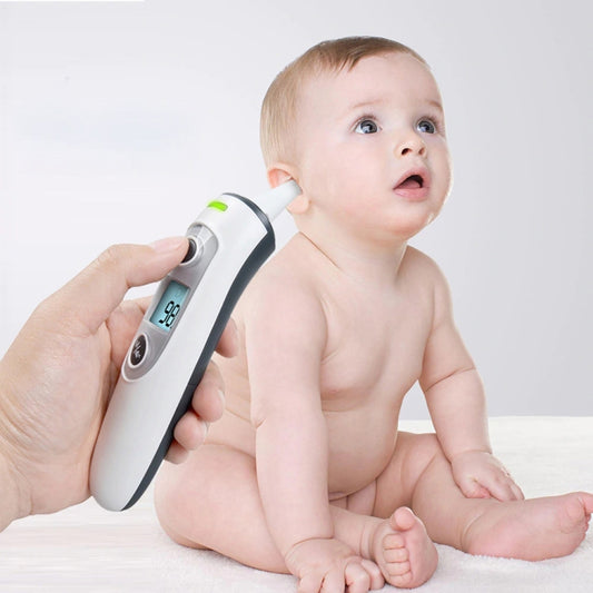 Digital IR ear thermometer, white and gray body, LCD shows 36.8°F