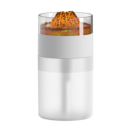 White simulated volcano humidifier with glowing orange lava top and clear water chamber
