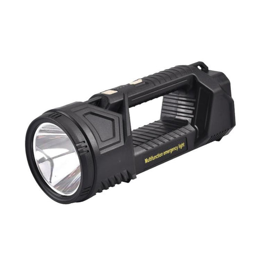 Outdoor LED flashlight with wide front lens and rugged black rubber grip