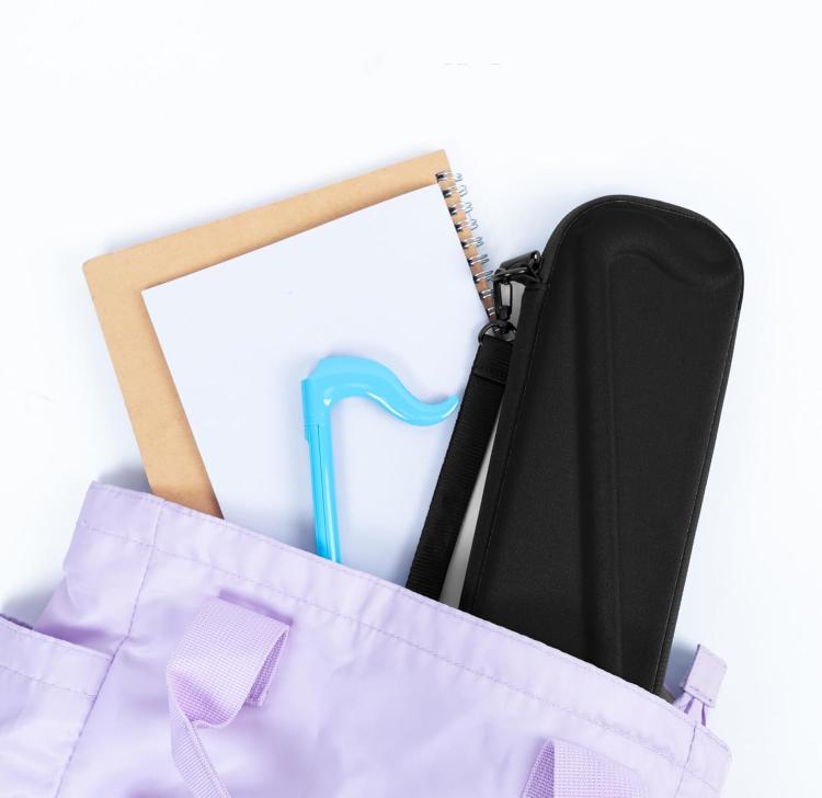 Black zippered hard case placed in a tote bag with hanging handle strap