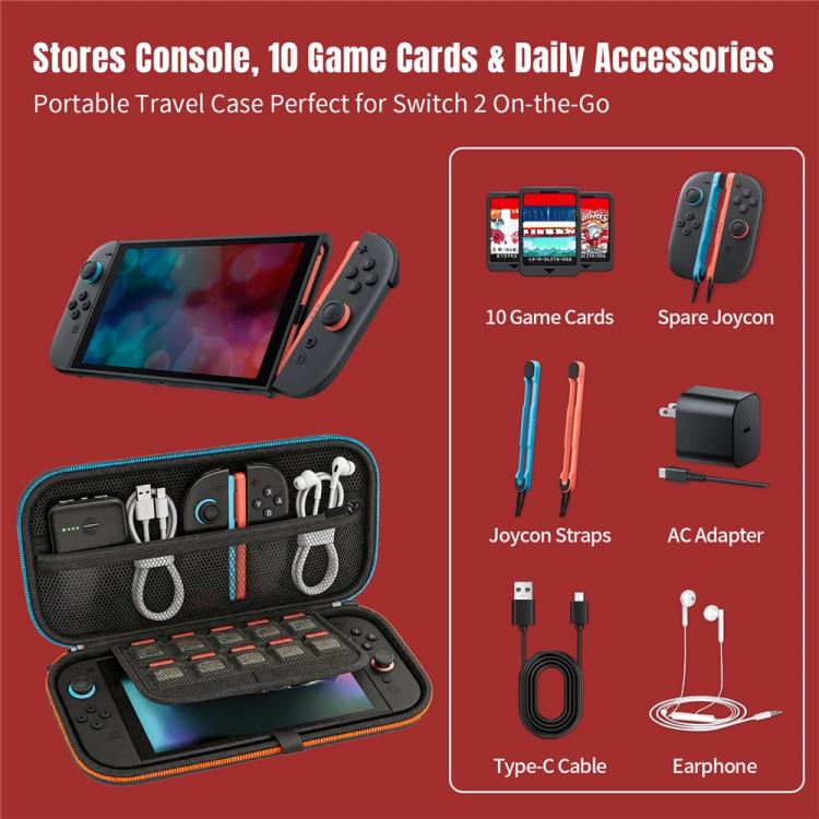 Nintendo Switch storage bag with open organizer holding console, straps, cables, and cards