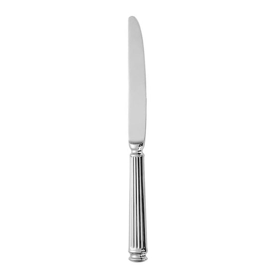 Mirror-polished stainless steel dinner knife with a smooth, curved blade
