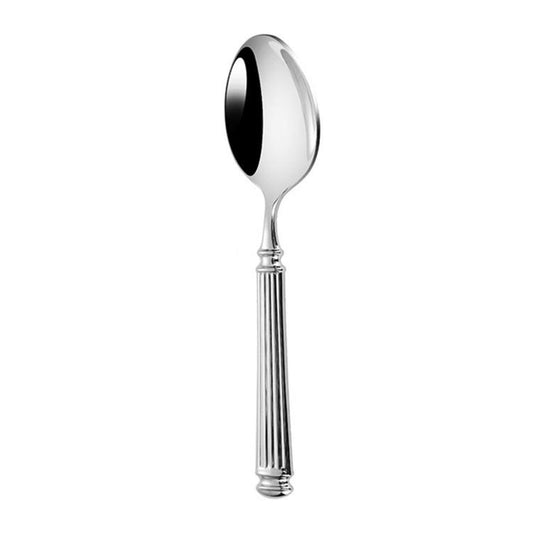Mirror-polished stainless steel dinner spoon with a rounded bowl and ribbed handle
