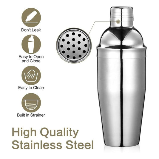 Stainless steel cocktail shaker with built-in perforated strainer and black base
