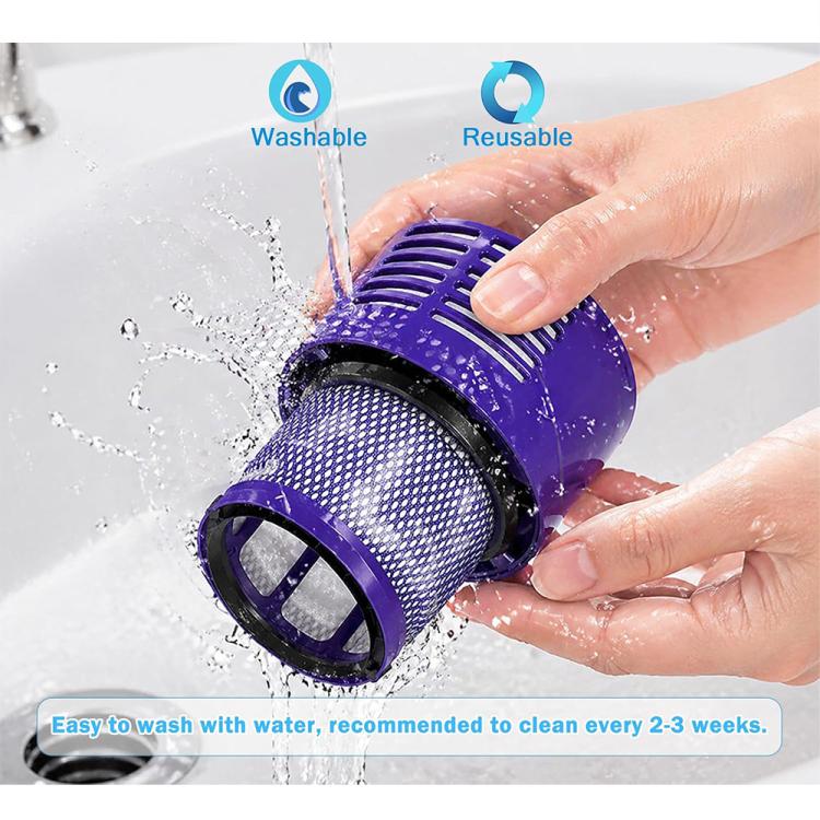 Purple vacuum filter cartridge rinsed with water by hands