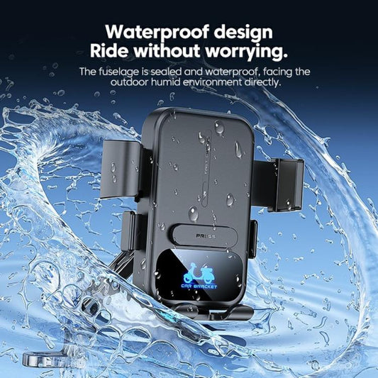 Waterproof wireless charging phone mount with water droplets, dark gray cradle