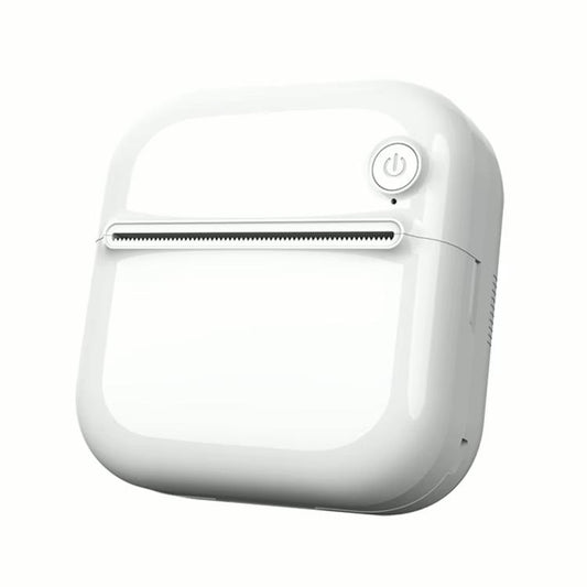 Mini thermal printer, side view with paper outlet and power button