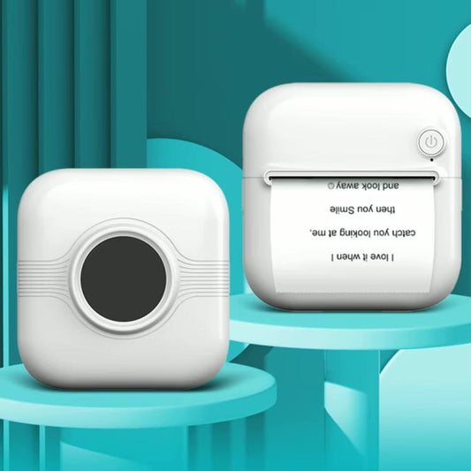 Mini thermal sticker printer, white body with black print window and power button