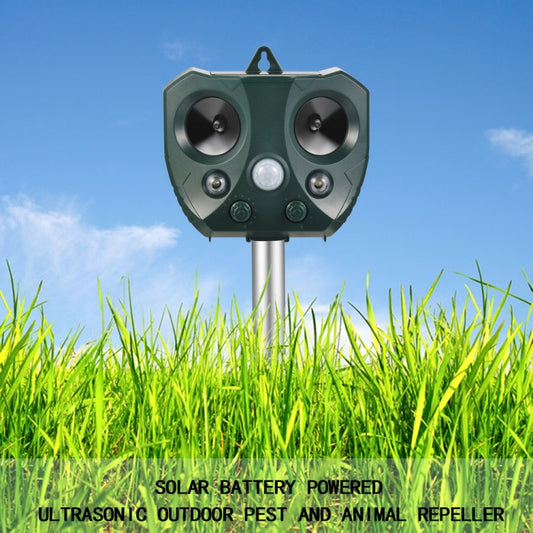 Solar ultrasonic outdoor animal repeller with stake and dual speaker heads, in green/gray