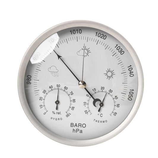 Silver round weather instrument dial with pressure, humidity %, and temperature °C scales