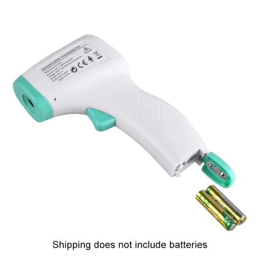 Non-contact infrared thermometer with teal battery compartment cover, white handle