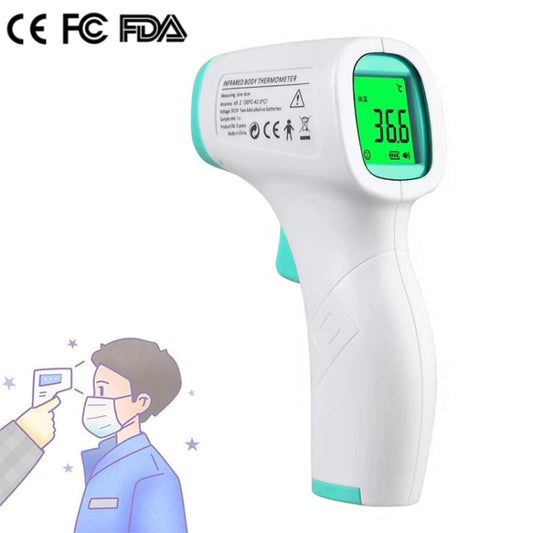 Non-contact infrared forehead thermometer with green LCD display, white and teal body