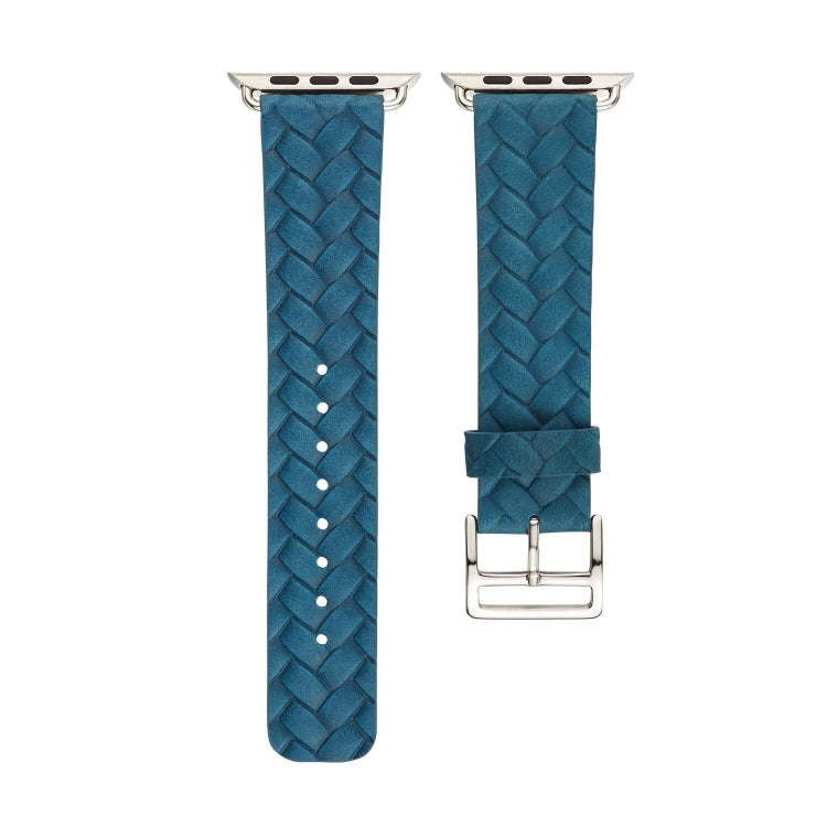 Blue braided leather-look watch band with metal buckle and adjustment holes