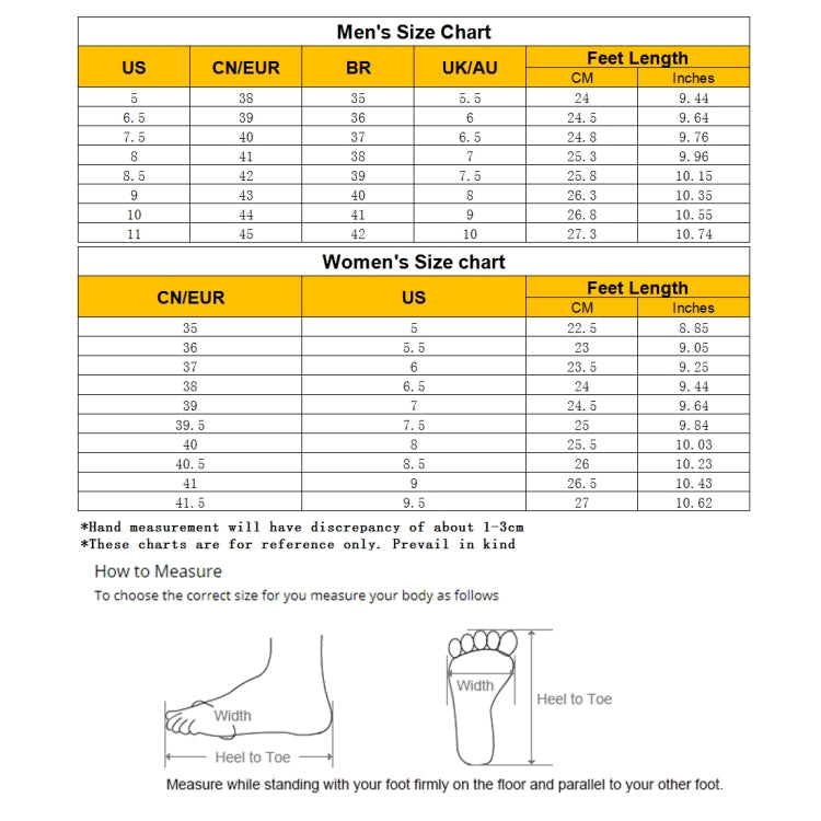 Men’s and women’s size chart for slippers, includes CN/EUR and foot length