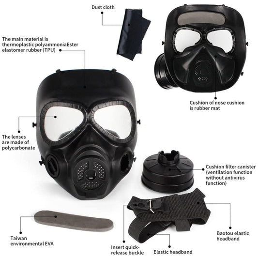 Black gas mask with dual clear lenses, nose cover, and front vent filter