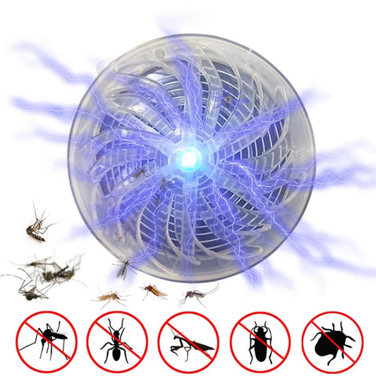 Solar-powered mosquito zapper with blue UV light inside a clear round fan housing