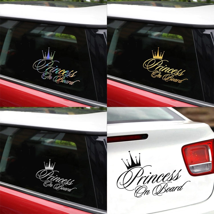 Two-piece Princess On Board car decal set in white and gold, for car panels
