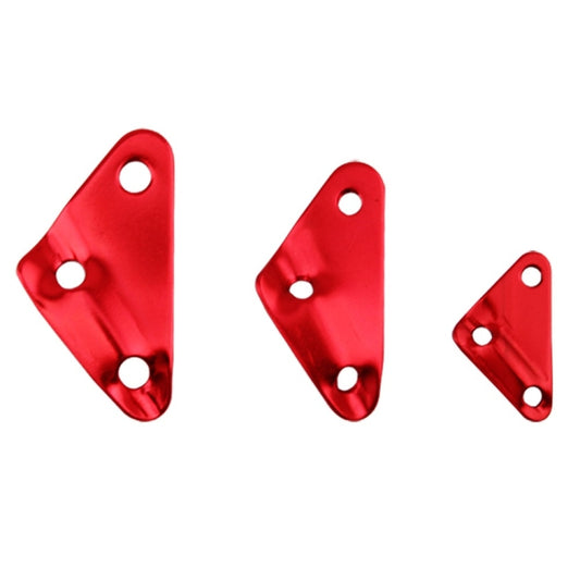 Set of three red triangular tent rope adjustment buckles with three holes