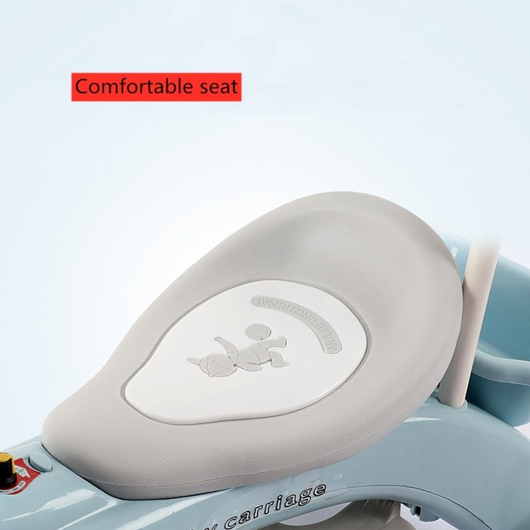 Gray padded seat with cute animal graphic on a light blue child stroller