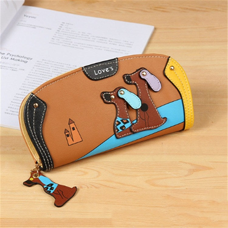 Brown long zipper wallet clutch with cartoon dog applique and blue bottom trim