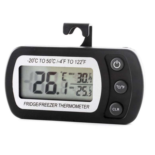 Black digital fridge/freezer thermometer with LCD screen and side control buttons