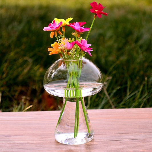 Clear mushroom-shaped glass vase terrarium bottle with round top and narrow stem